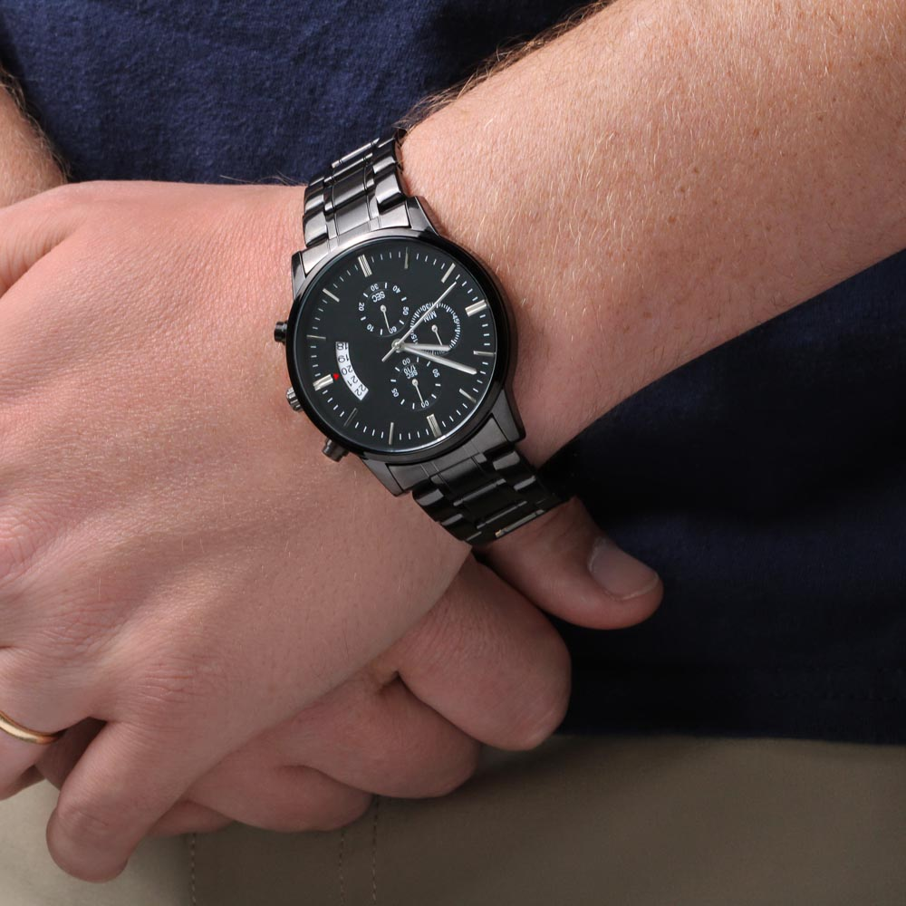 CUSTOM WATCH FOR BROTHER FROM DAUGHTER - ENGRAVED DESIGN BLACK CHRONOGRAPH WATCH