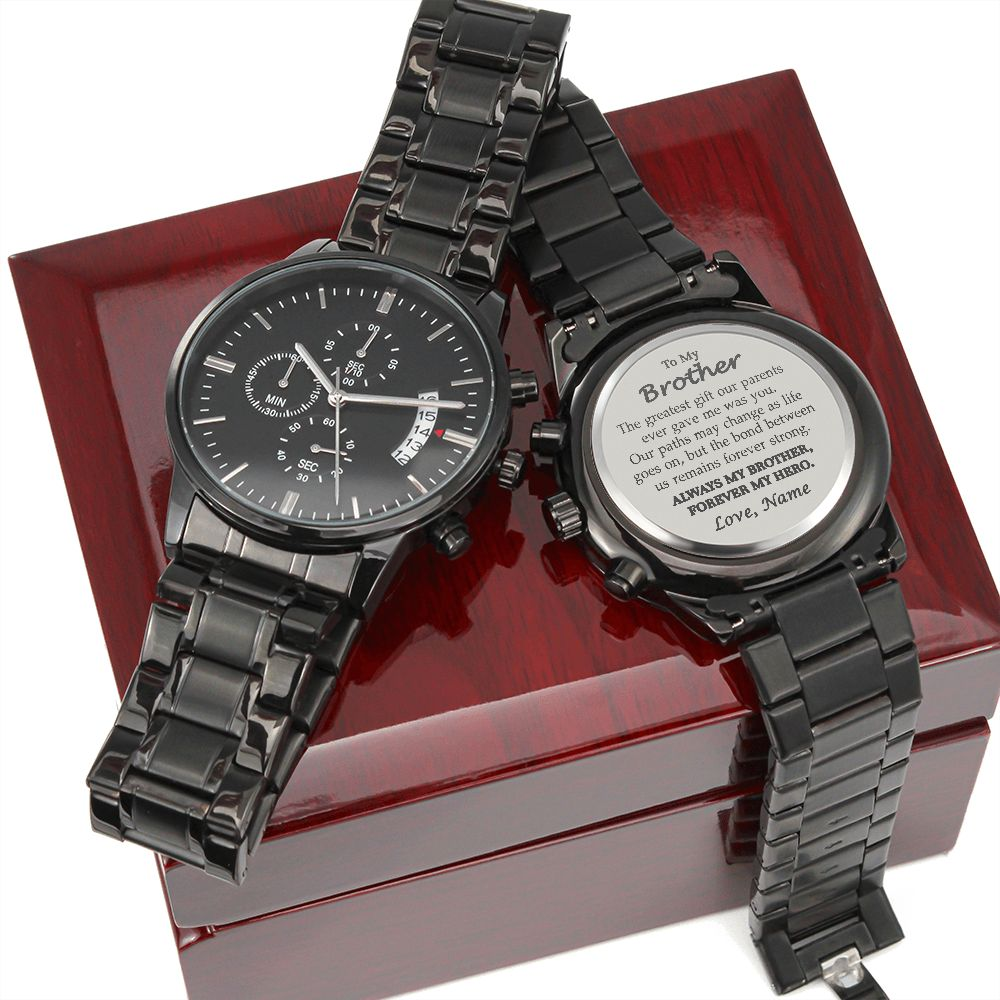 CUSTOM WATCH FOR BROTHER FROM DAUGHTER - ENGRAVED DESIGN BLACK CHRONOGRAPH WATCH