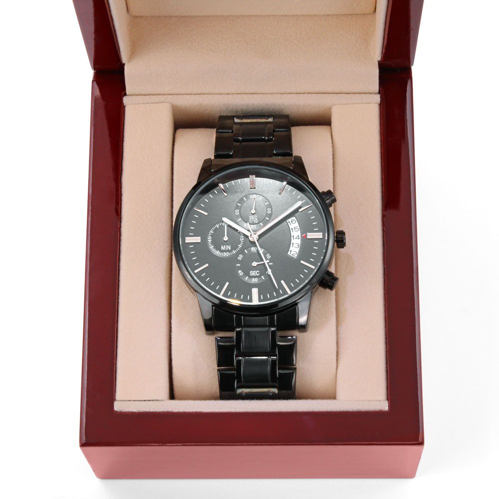 CUSTOM WATCH FOR BROTHER FROM DAUGHTER - ENGRAVED DESIGN BLACK CHRONOGRAPH WATCH