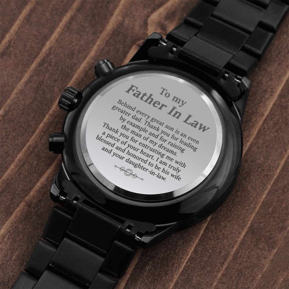 WATCH FOR FATHER IN LAW - ENGRAVED DESIGN BLACK CHRONOGRAPH WATCH