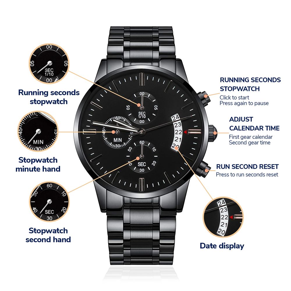 WATCH FOR FATHER IN LAW - ENGRAVED DESIGN BLACK CHRONOGRAPH WATCH