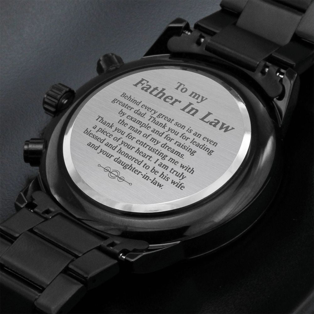 WATCH FOR FATHER IN LAW - ENGRAVED DESIGN BLACK CHRONOGRAPH WATCH