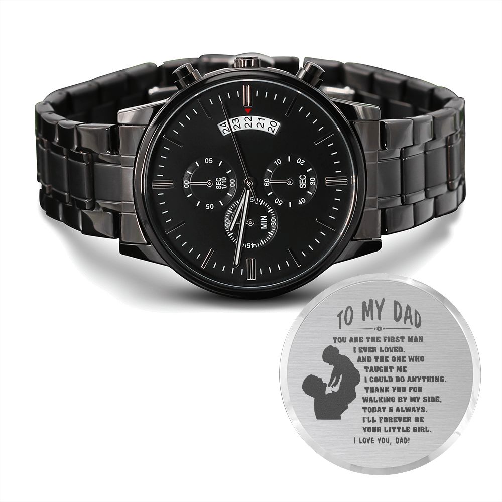 ENGRAVED WATCH FOR DAD FROM DAUGHTER - ENGRAVED DESIGN BLACK CHRONOGRAPH WATCH