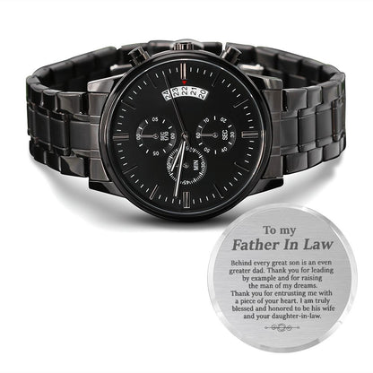 WATCH FOR FATHER IN LAW - ENGRAVED DESIGN BLACK CHRONOGRAPH WATCH