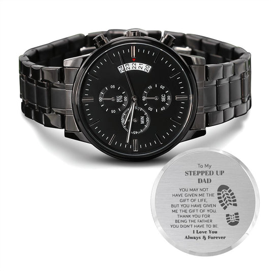 WATCH FOR STEPPED UP DAD - ENGRAVED DESIGN BLACK CHRONOGRAPH WATCH