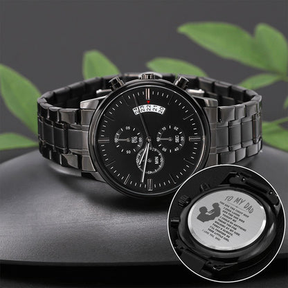 ENGRAVED WATCH FOR DAD FROM DAUGHTER - ENGRAVED DESIGN BLACK CHRONOGRAPH WATCH