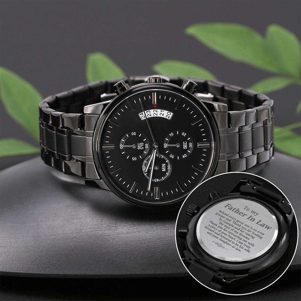 WATCH FOR FATHER IN LAW - ENGRAVED DESIGN BLACK CHRONOGRAPH WATCH