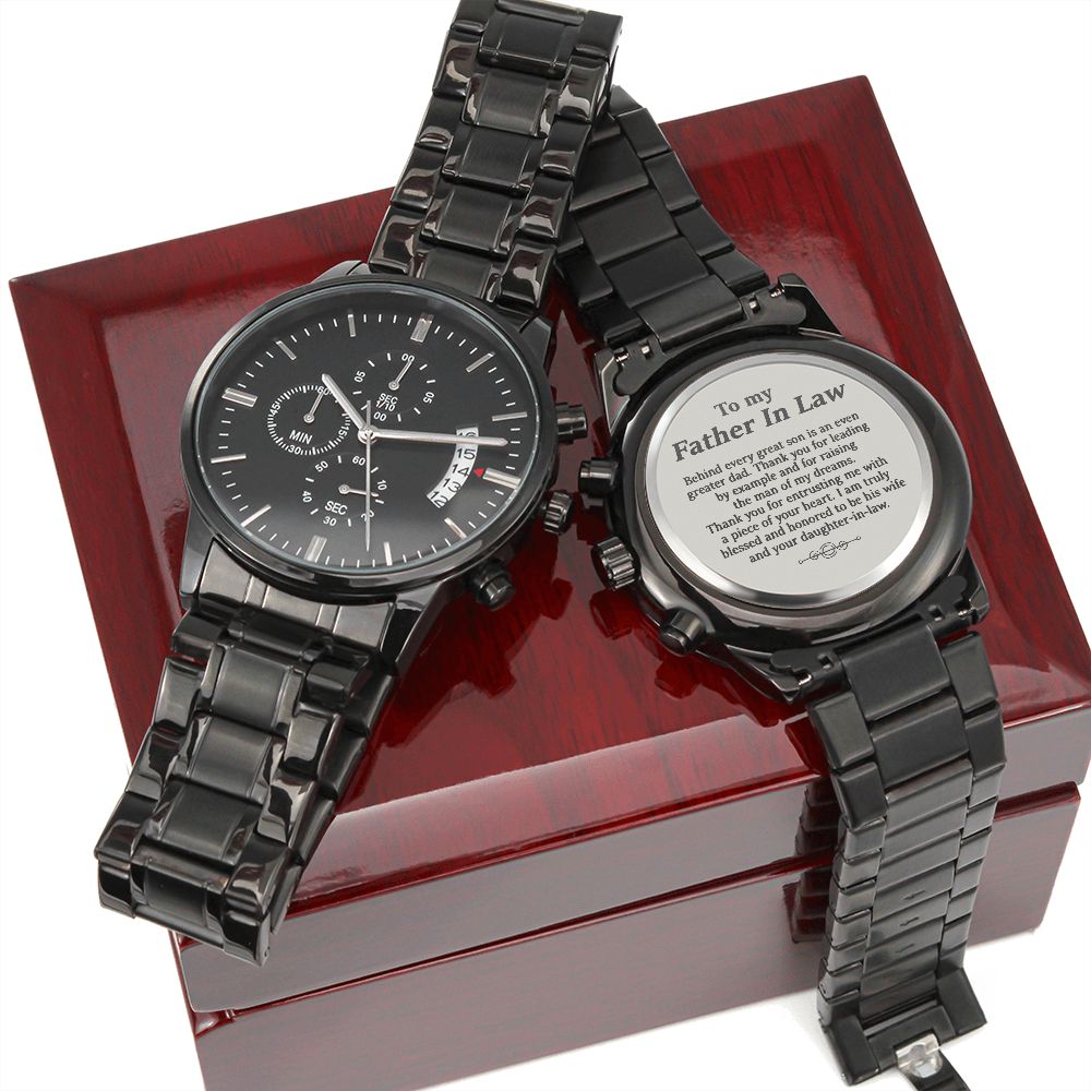 WATCH FOR FATHER IN LAW - ENGRAVED DESIGN BLACK CHRONOGRAPH WATCH