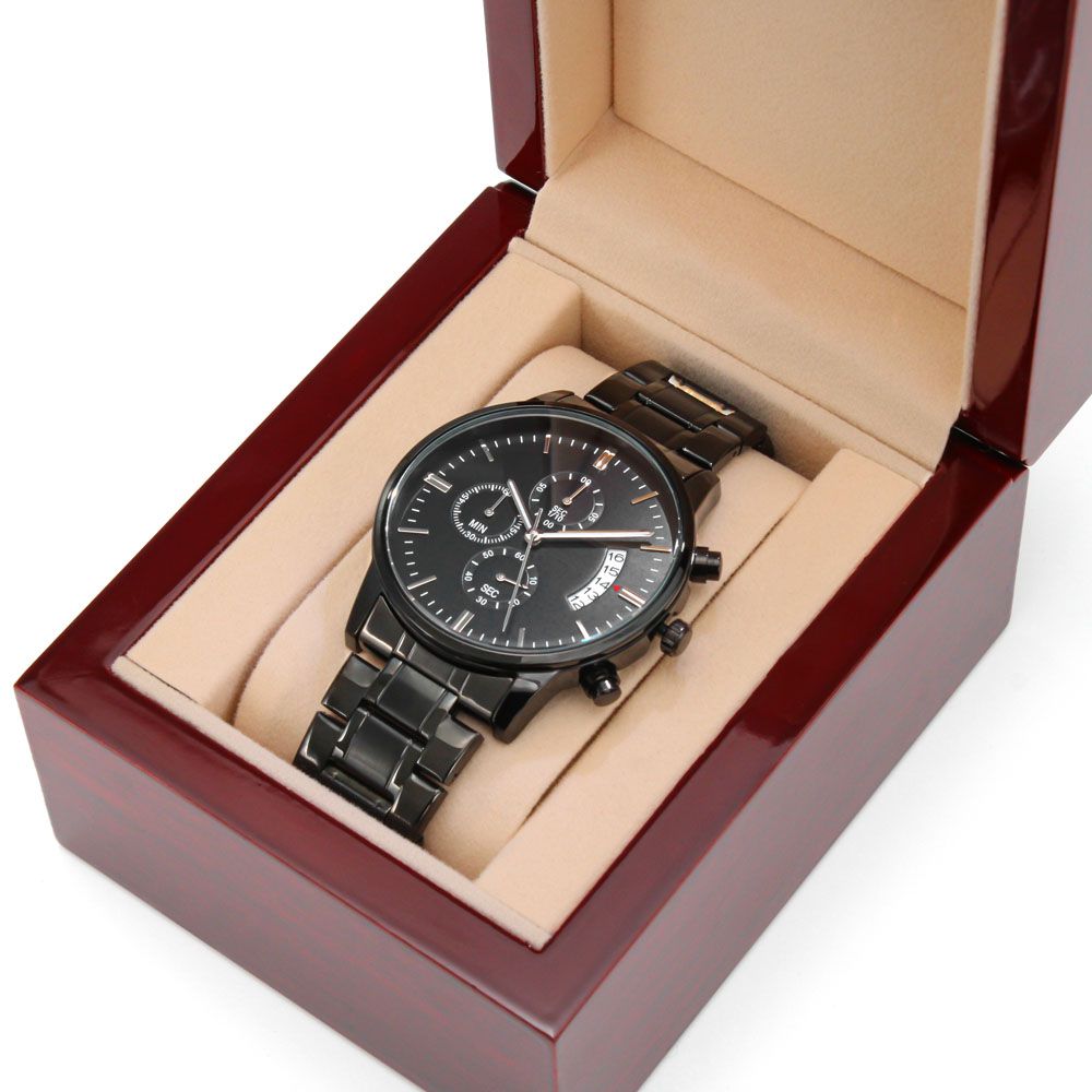 WATCH FOR FATHER IN LAW - ENGRAVED DESIGN BLACK CHRONOGRAPH WATCH