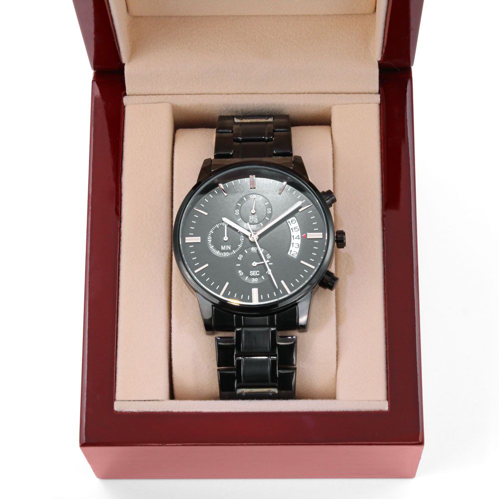 WATCH FOR FATHER IN LAW - ENGRAVED DESIGN BLACK CHRONOGRAPH WATCH