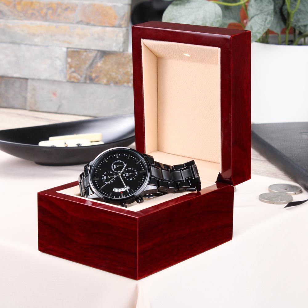 WATCH FOR FATHER IN LAW - ENGRAVED DESIGN BLACK CHRONOGRAPH WATCH