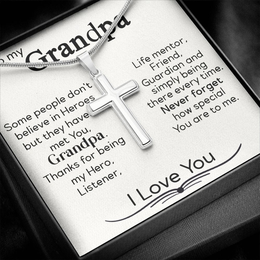 To My Grandpa - I Love You - Stainless Steel Cross Necklace